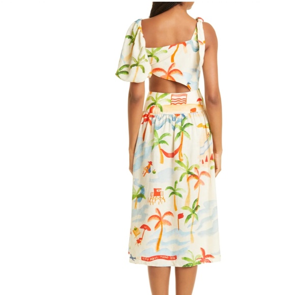 NWT $230 FARM Rio Copacabana Asymmetric Sleeve Side Cutout Linen Blend Dress- XL - Picture 4 of 8